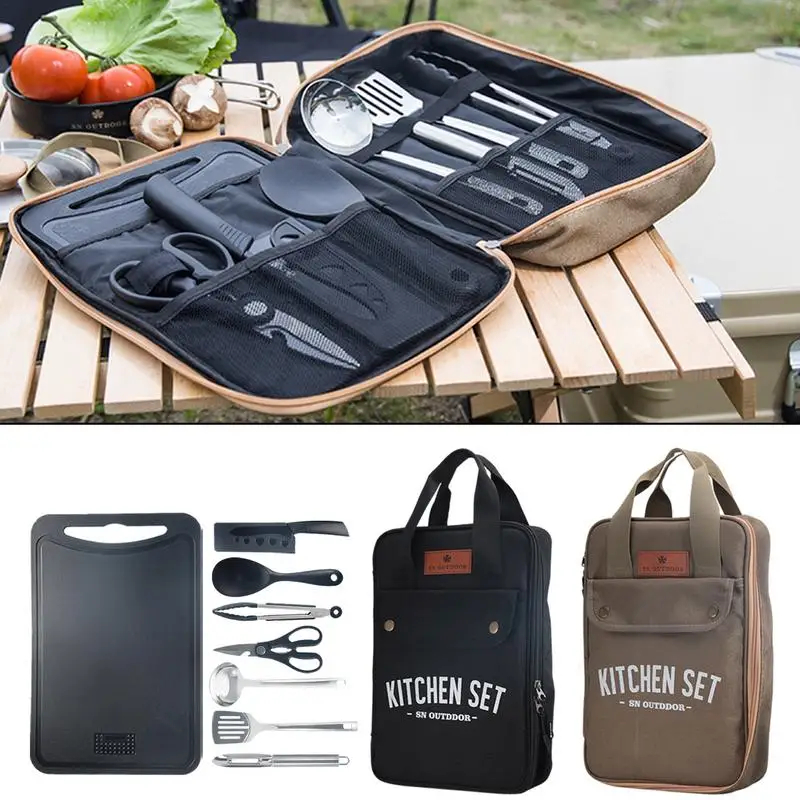 Camping Cooking Utensil Organizer - 8 adet Kamp Mutfak Tencere Seti